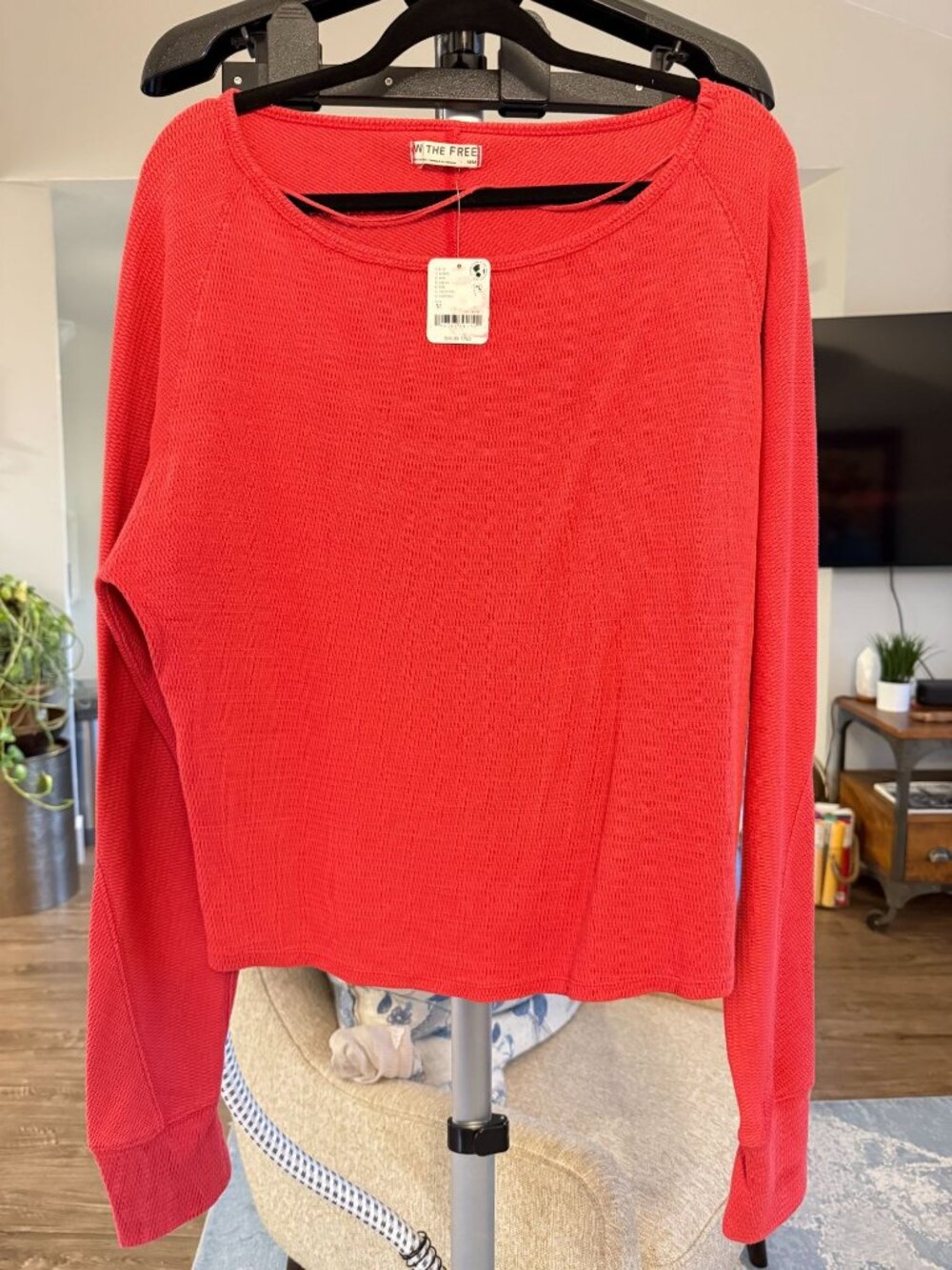 NWT We The Free Free People Off-Shoulder Waffle Thermal Top Salsa Red M